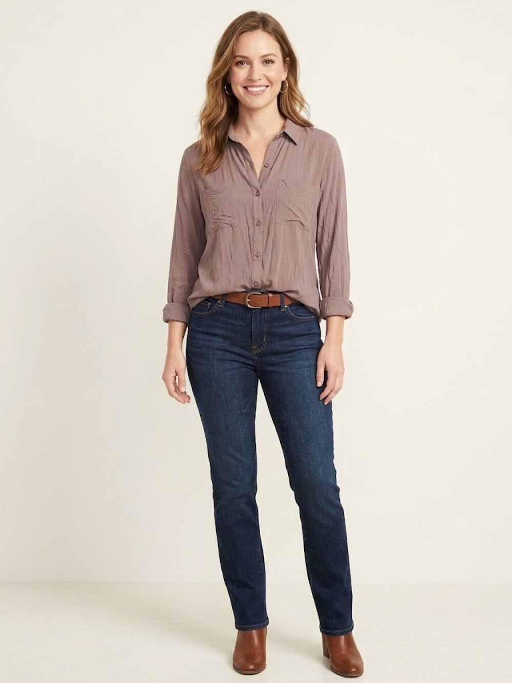Loft Button-Down Utility Top with Roll-Tab Sleeves in Mauve